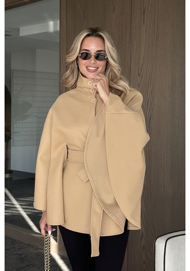Camel Düğmeli Kuşaklı Kaşe Panço - 2055 Camel
