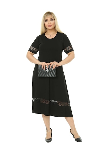 Melsay Butik Dantel Detaylı Kadın Büyük Beden Midi Elbise Siyah