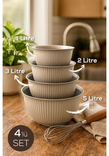 4'lü Mega Boy Plastik Karıştırma Ve Saklama Kase Seti 1l, 2l, 3l, 5l Bej Bej