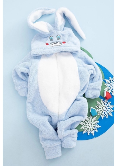 Erkek Bebek Çocuk Welsoft Peluş Tavşan Kulaklı Kışlık Tulum Mavi