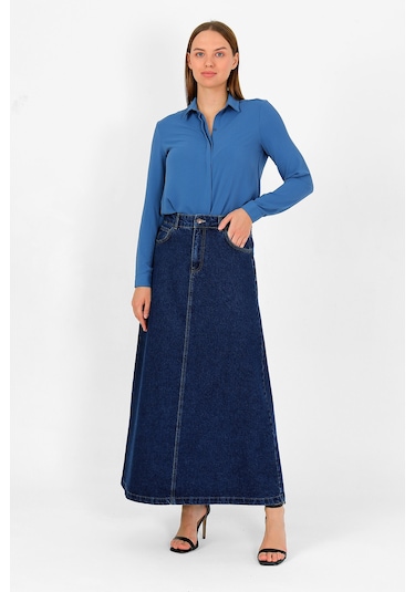 Yüksek Bel A Kesim Denim Etek Koyu Mavi