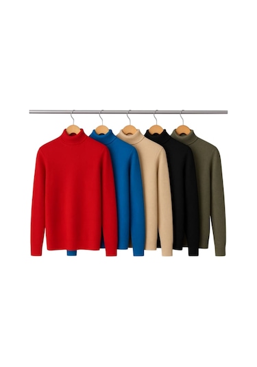 5 Li Paket Kadın Basic Tam Balıkçı Yaka Kazak Çok Renkli-1