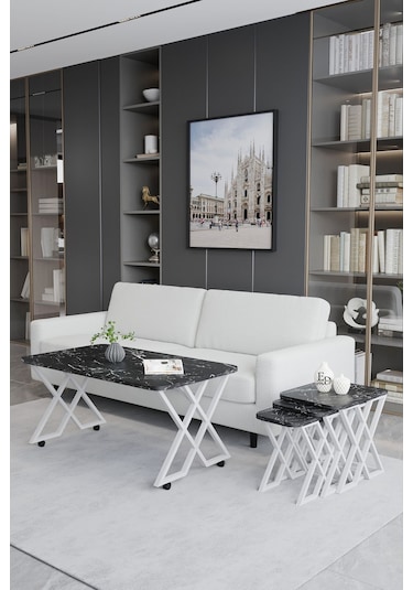 Milano 3'lü Zigon Sehpa Beyaz Metal - Siyah Mermer Tabla