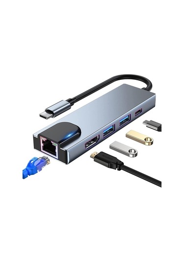 Type C Hub 5 In 1 Type-C To 4K Hdmı + 2X Usb 3.0 + Type-C + Lan