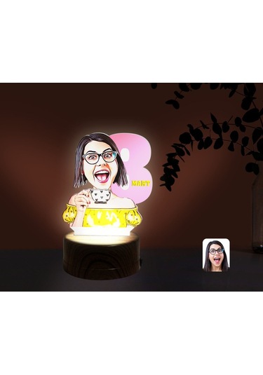 Kişiye Özel Kadınlar Günü Karikatürlü Dekoratif 3D Biblo Led Işık(481493147) Çok Renkli