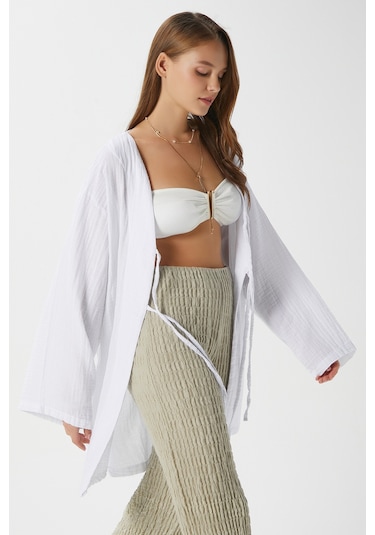 Ritnice Kadın Sandra %100 Pamuk Müslin Bağcıklı Beyaz Kimono Beyaz
