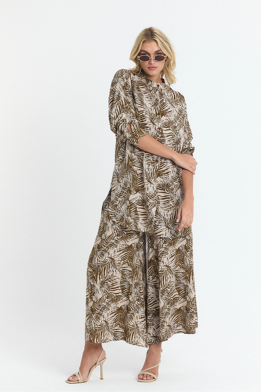 Schık Kadın Viskon Rahat Bol Paça Truvakar Kol Önü Düğmeli Baskılı Takım Kahverengi