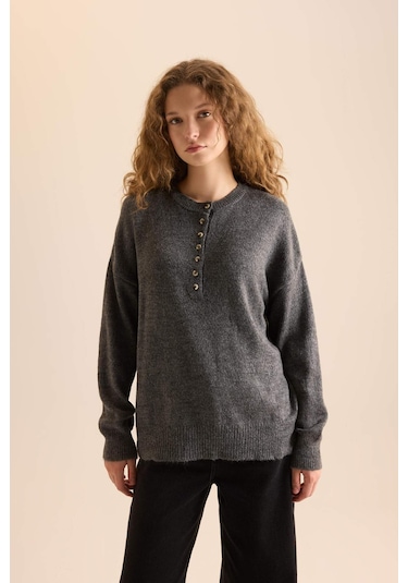 DeFacto Oversize Geniş Kalıp Düğmeli Yaka Triko Kazak D4913AXNSAR15 Antrasit