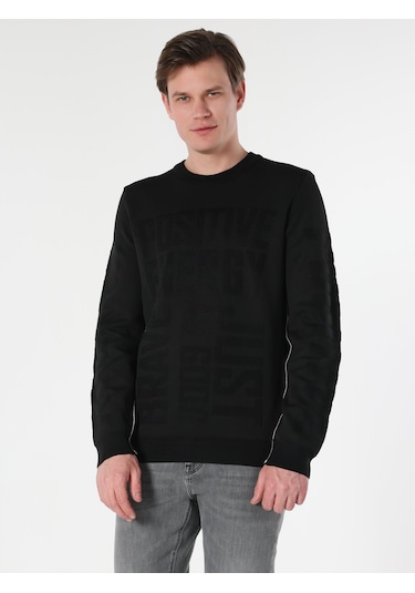 Colin's Regular Fit Bisiklet Yaka Yazı Baskılı Siyah Erkek Kazak CL1062328_Q1.V1_BLK