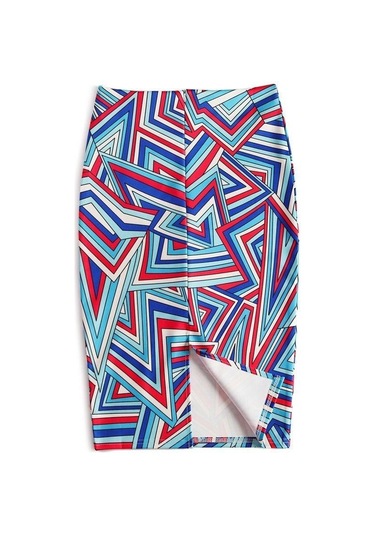 Mavi- Kırmızı Yaz Baskı Zarif Kalem Etek Kadın Yüksek Bel Diz Boyu Etek Kadın Kırmızı - Mavi