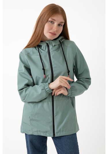 Kadın Mint Yeşil Içi Astarlı Su Geçirmez Ve Rüzgara Dayanıklı Kapüşonlu Cepli Yağmurluk - Rüzgarlık Mint Yeşil Mint Yeşili