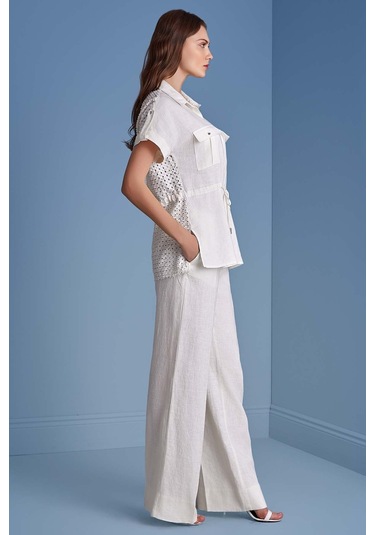 Gömlek Yaka Ekru Keten Gömlek Ekru