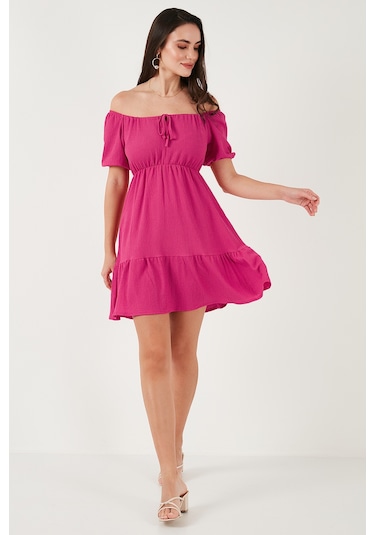 Lela Önü Büzgülü Balon Kollu Mini Bayan Elbise 5869005 Fuşya