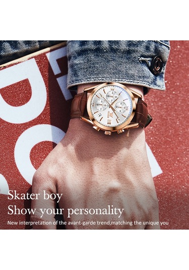 Olevs 2872 Erkekler Üç Göz Altı İğne Kronograf Su Geçirmez Kuvars Saat Beyaz + Gül Altın