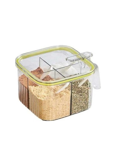 Pazly Yeşil 4 Bölmeli Baharat Çeşniler Kutusu, Fonksiyonel Saklama, Şeffaf Kapak, Kaşık Kabı İle Yeşil