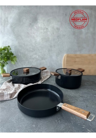 Neoflam Bien Black 5 Parça Indüksiyonlu Tencere Tava Seti, Akasya Ağacı Sap Ve Kulplu