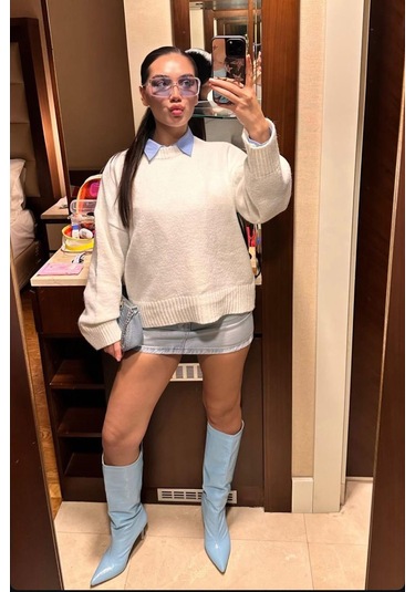 Beyaz Bisiklet Yaka Oversize Triko Kazak Mg1972 Beyaz