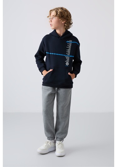 Tommy Life Lacivert Pamuklu Kalın İçi Tüylü Yumuşak Dokulu Standart Fit Baskılı Erkek Çocuk Sweatshirt - 11239 Lacivert