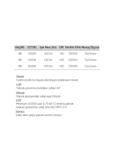 Lamptime Sıva Altı Led Spot Beyaz Gövde 3W 3000K Kare 260327