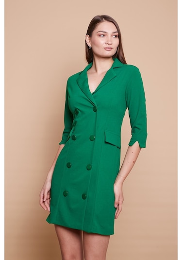 Yakalı Sırt Dekolteli Anvelop Likralı Kumaş Düğmeli Ceket Elbise -b.yeşil B.yeşili