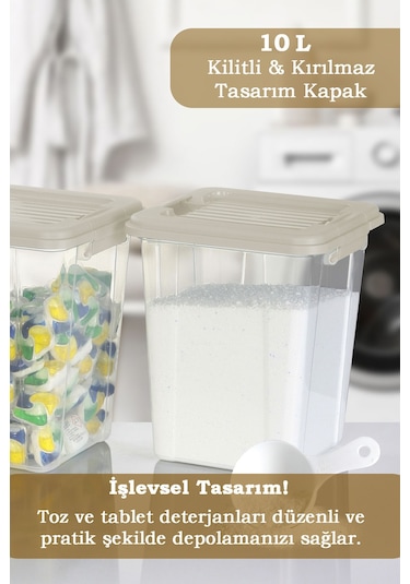 2'li Mega Organizer Box 10l - Un Bakliyat Erzak Saklama Kabı Kilit Kapaklı Deterjan Düzenleyici Kutu Bej