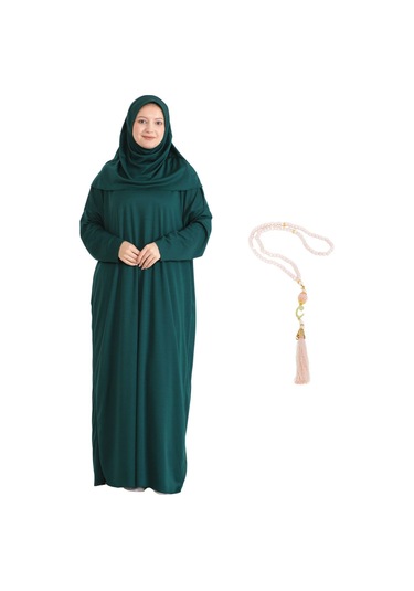Zarif Namaz Elbisesi Ve Türban Tesbih Set Tesettür Şal Müslüman Kıyafetleri Abaya - Siyah Zümrüt
