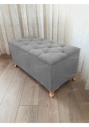 Lüks Sandıklı Kapitoneli Ayakucu Puf Bench 100 Cm Gold Ayak Gri