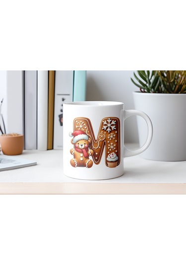 M Kurabiye Harf Ve Ayıcık Detaylı Kupa Bardak - Yeni Yıl / Yılbaşı Temalı Tasarım - Noel Hediye Beyaz