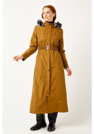 Üst Bölümü Dikiş Detaylı İçi Kürk Kaplı Bondit Parka Taba-taba Taba