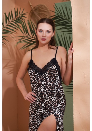 Pjs Kadın Leopar Desenli İp Askılı Dantel Yaka Yırtmaçlı Uzun Gecelik LEOPAR