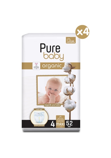 Pure Baby Organik Pamuklu Cırtlı Bez 4'lü Paket 4 Numara 208 Adet 4'lü