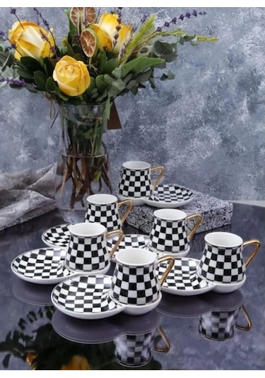 Arow Kahve Fincan Takımı 12 Parça Porselen Dc.tr-3555 9663 Beyaz - Siyah