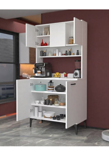 Glass 5 Kapaklı Çok Amaçlı Üst Raflı Dolap Beyaz