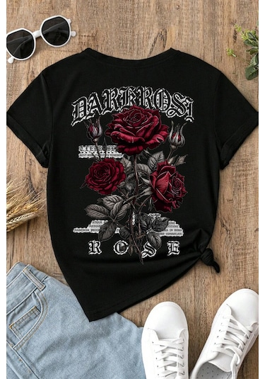 Spoyi Bordo Gotik Gül Tasarımlı %100 Pamuk Yarım Oversize Siyah T-shirt