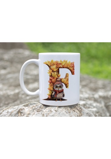 F Harf Sonbahar Yaprak Temalı Kupa Bardak - Sevimli Figürler İle Alfabe Harfli Bardak - Kişiye Özel Beyaz