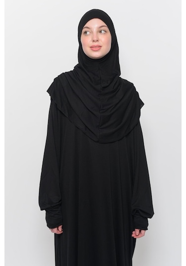 Pratik Tek Parça Pamuklu Yarasa Kollu Tak Çıkar Başörtülü Tesettür Namaz Elbisesi Siyah Çok Renkli