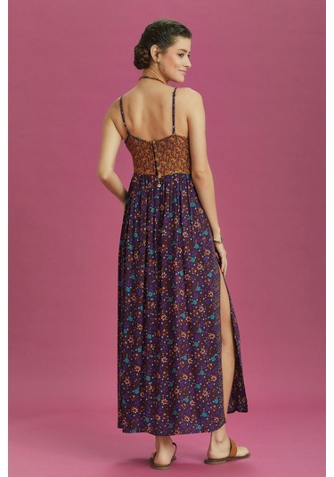 Askılı Yırtmaçlı Çiçekli Robadan Elbise 001