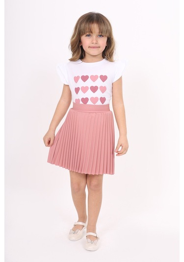 Toontoy Kız Çocuk Baskılı Etekli Takım Gül Kurusu