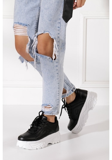 İmershoes Sneaker Kadın Spor Ayakkabı Yüksek Taban Siyah - Beyaz (330972086)