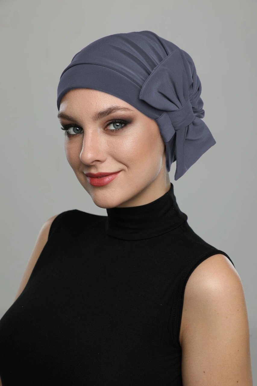 Fiyonklu Koyu Gri Hazır Türban Tesettür Havuz Bonesi Koyu Gri