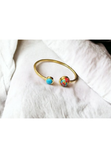 Çelik Mavi Kırmızı Sarı Detaylı Altın Renkli Kararmaz Kadın Bilezik Bileklik Çelik