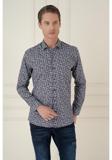 Slim Fit Baskılı %100 Pamuk Spor Mavi Gömlek G 1586 Mavi