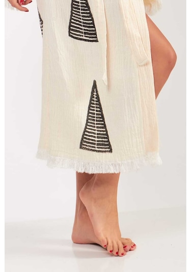 Befera Müslin Kimono Pamuklu Piramit Desenli Bornoz Kaftan Sabahlık Ekru