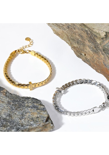 Gümüş Eetit Yüksek Kalite 18 K Altın Kaplama Küba Zincir Paslanmaz Çelik Bilezik Bileklik Zirkon Bildirimi Şık Moda Su Geçirmez Takı Gümüş