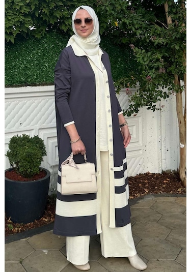 İmge Çizgili Triko Hırka Antrasit Çok Renkli