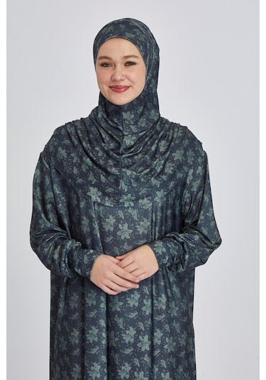 Pratik Tek Parça Manolya Desenli Namaz Elbisesi Siyah