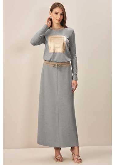 Evaze Gri Dokuma Etek Gri
