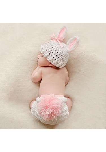 Yenidoğan Bebek Kız Erkek Tığ Örgü Kostüm Fotoğraf Fotoğraf Sahne Şapka Kıyafet Beyaz - Pembe