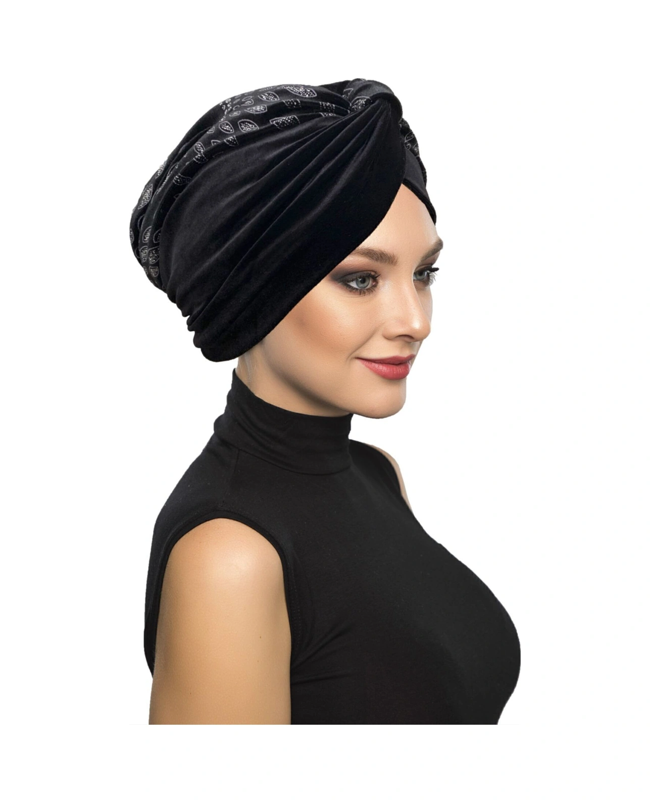 Özel Tasarım Siyah Gümüş Badem Desenli Kadife Dokulu Astarlı Hazır Türban Tesettür Abiye Bone Siyah21