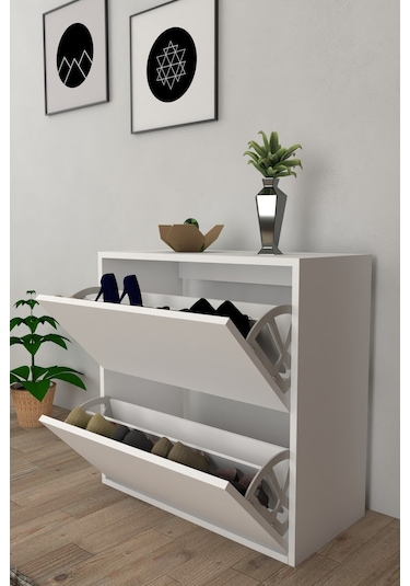 Moonlife 2 Kapaklı Kayar Raflı Ayakkabılık Beyaz